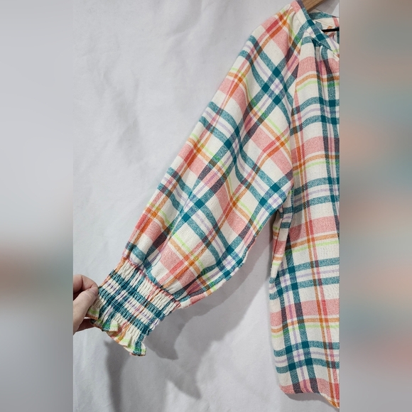 Andree By Unit Women's Peasant‎ Top Size Medium Bright Plaid Flannel Preppy Boho - Picture 2 of 6